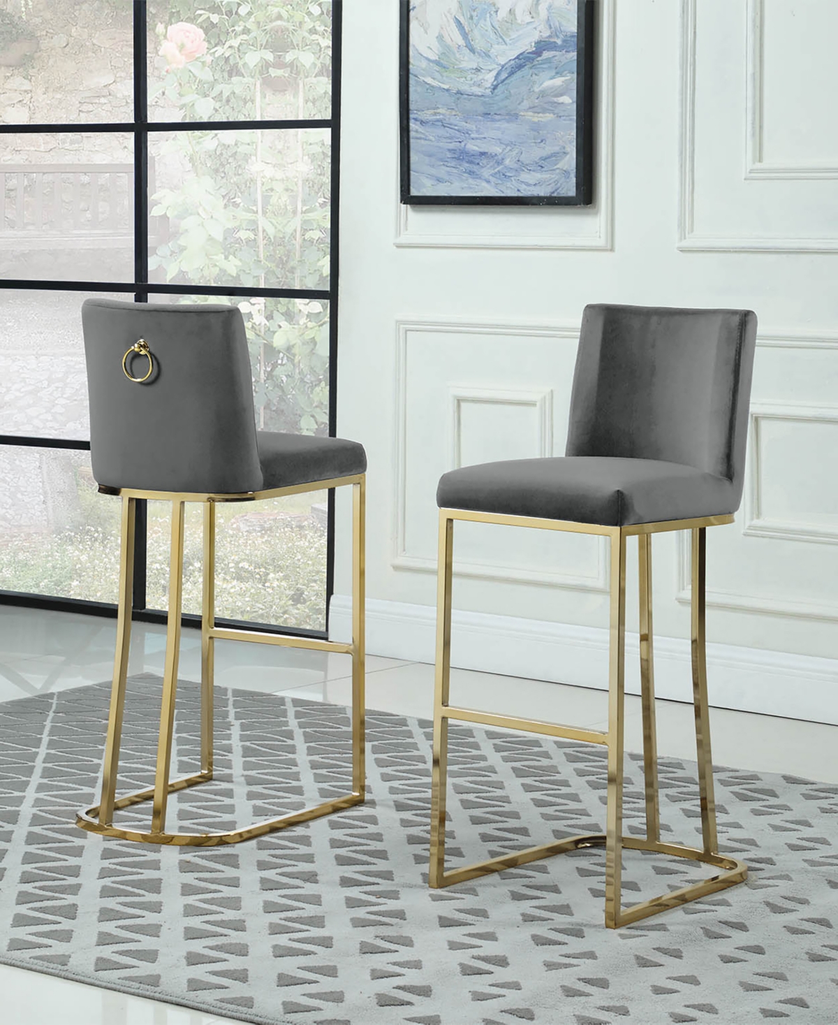 Best Quality Furniture 20" L X 16" W X 41" H Velvet Barstools With Gold-tone Chrome Base, Set Of 2