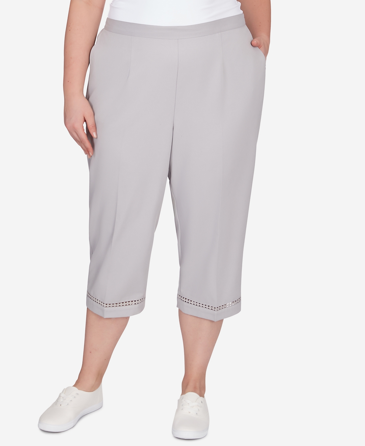 Alfred Dunner Plus Size Charleston Twill Capri Pants With Lace Inset Bottom In Pearl Gray