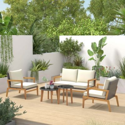 5 Piece Rattan Furniture Set Wicker Woven Sofa Set with Solid Acacia Wood Frame