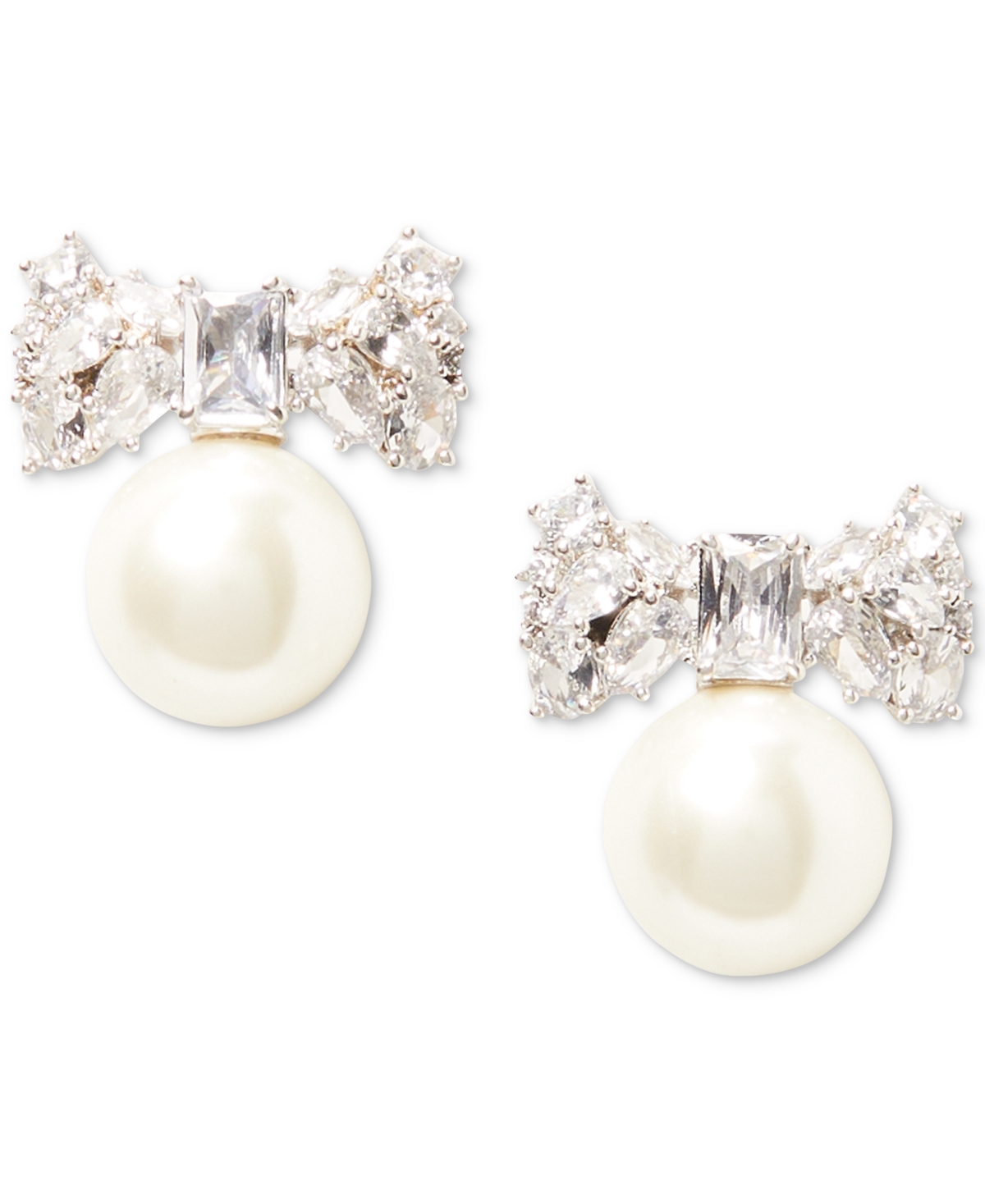 Shop Kate Spade Silver-tone Cubic Zirconia Bow & Imitation Pearl Statement Stud Earrings In Clear,silv