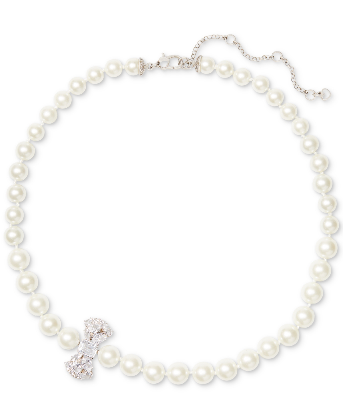 Shop Kate Spade Silver-tone Cubic Zirconia Bow Imitation Pearl Strand Necklace, 17" + 3" Extender In Clear,silv