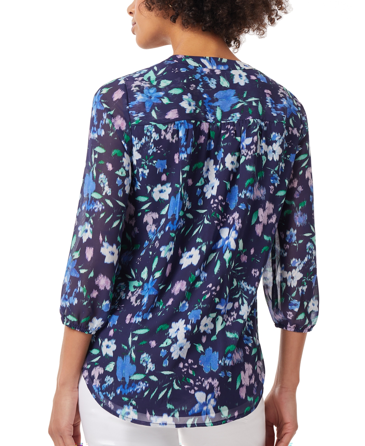Shop Jones New York Women's Floral-print 3/4-sleeve V-neck Top In Pacific Navy Multi