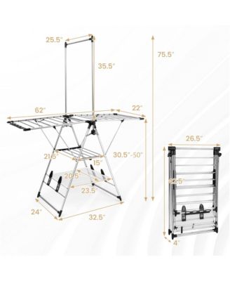 2-Layer Stainless Steel Foldable Drying Rack w/ Hanging Bar & 2 Height-adjustable Wings
