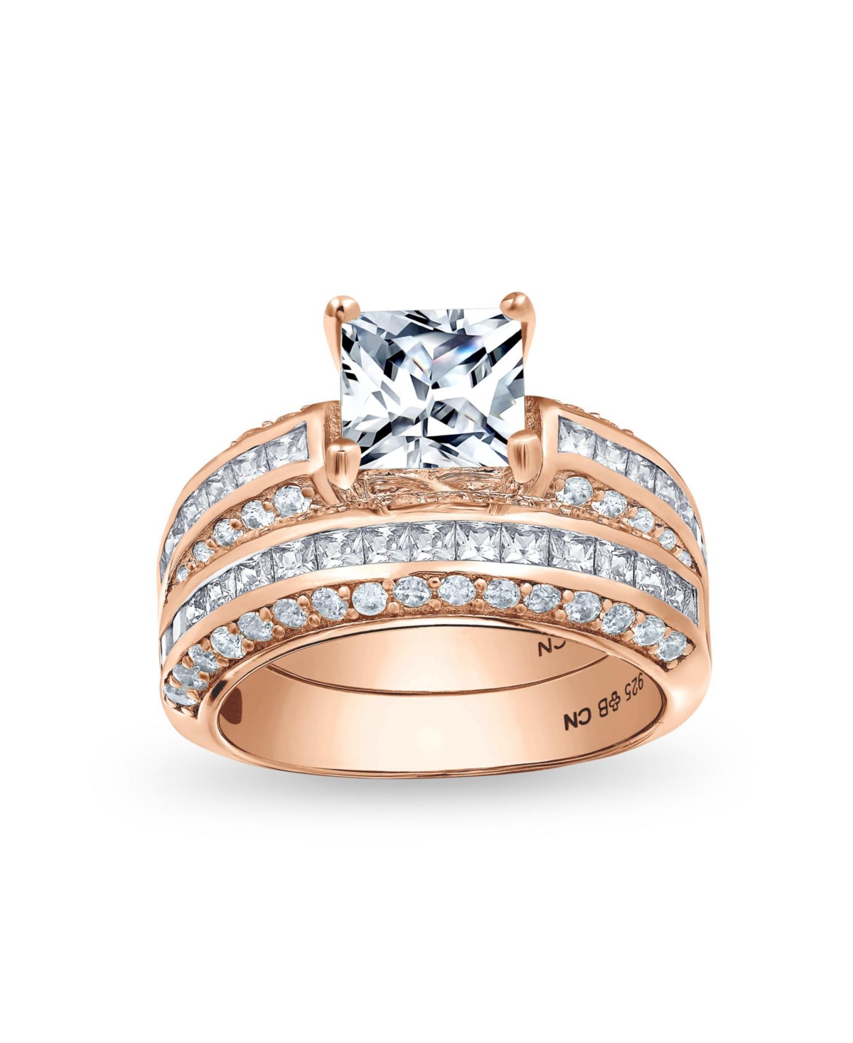 Bling Jewelry 3CT Art Deco Style Square Princess Cut Solitaire Clear Cz Promise Ring Set For Women Sterling Silver