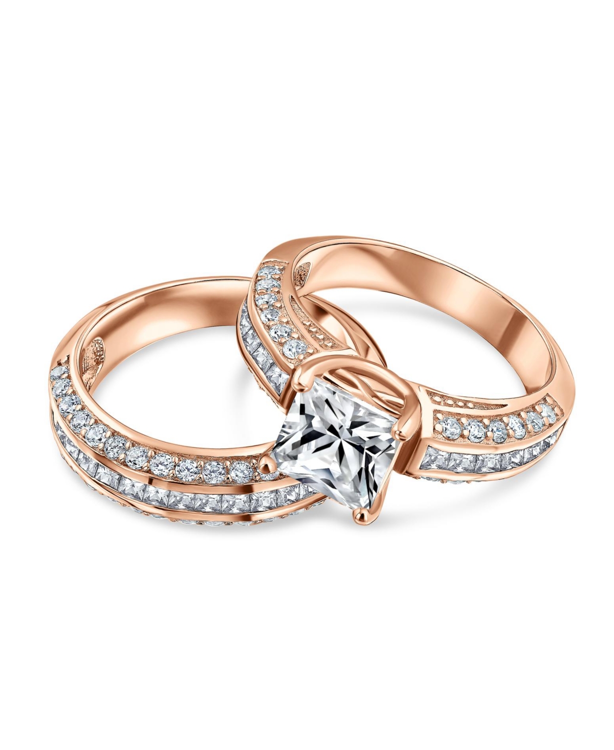 Bling Jewelry 3CT Art Deco Style Square Princess Cut Solitaire Clear Cz Promise Ring Set For Women Sterling Silver