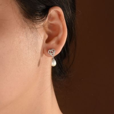Love Knot White Freshwater Cultured Pearl Teardrop Dangle Earrings Prom Sterling Silver