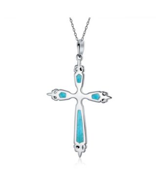 Western Style Spiritual Religious Blue Natural Turquoise Fleur De Lis Cross Pendant Necklace Oxidized Sterling Silver