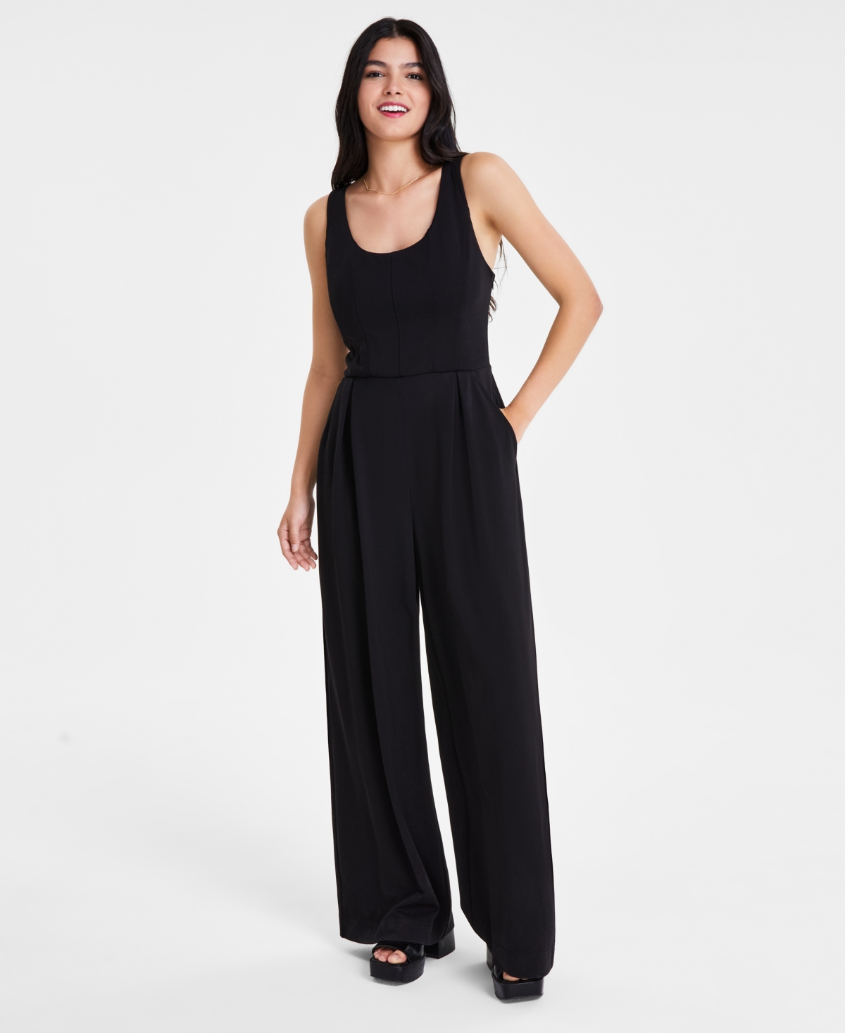 Bar Iii Women s Sleeveless Seamed Bodice Jumpsuit Created for Macy s Deep Black Smart Closet