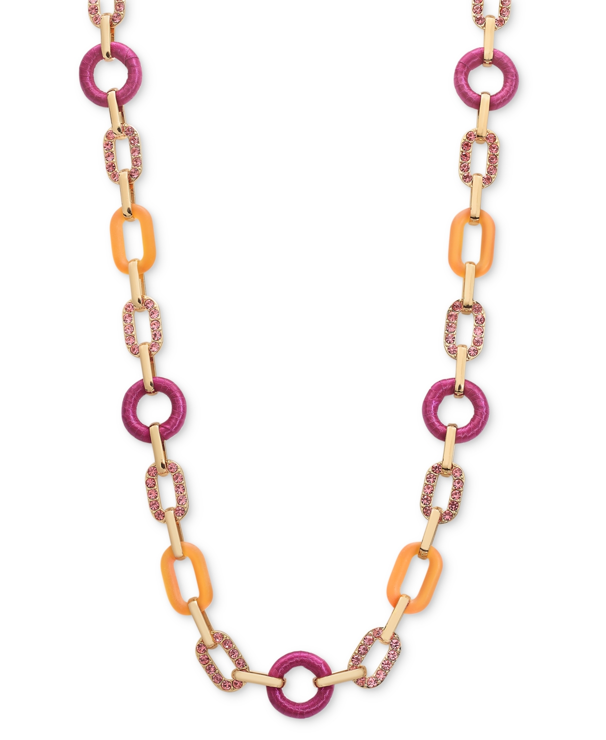 Gold-Tone Pave, Color & Ribbon-Wrapped Chain Link Strand Necklace, 42" + 3" extender, Created for Macy's - Pink