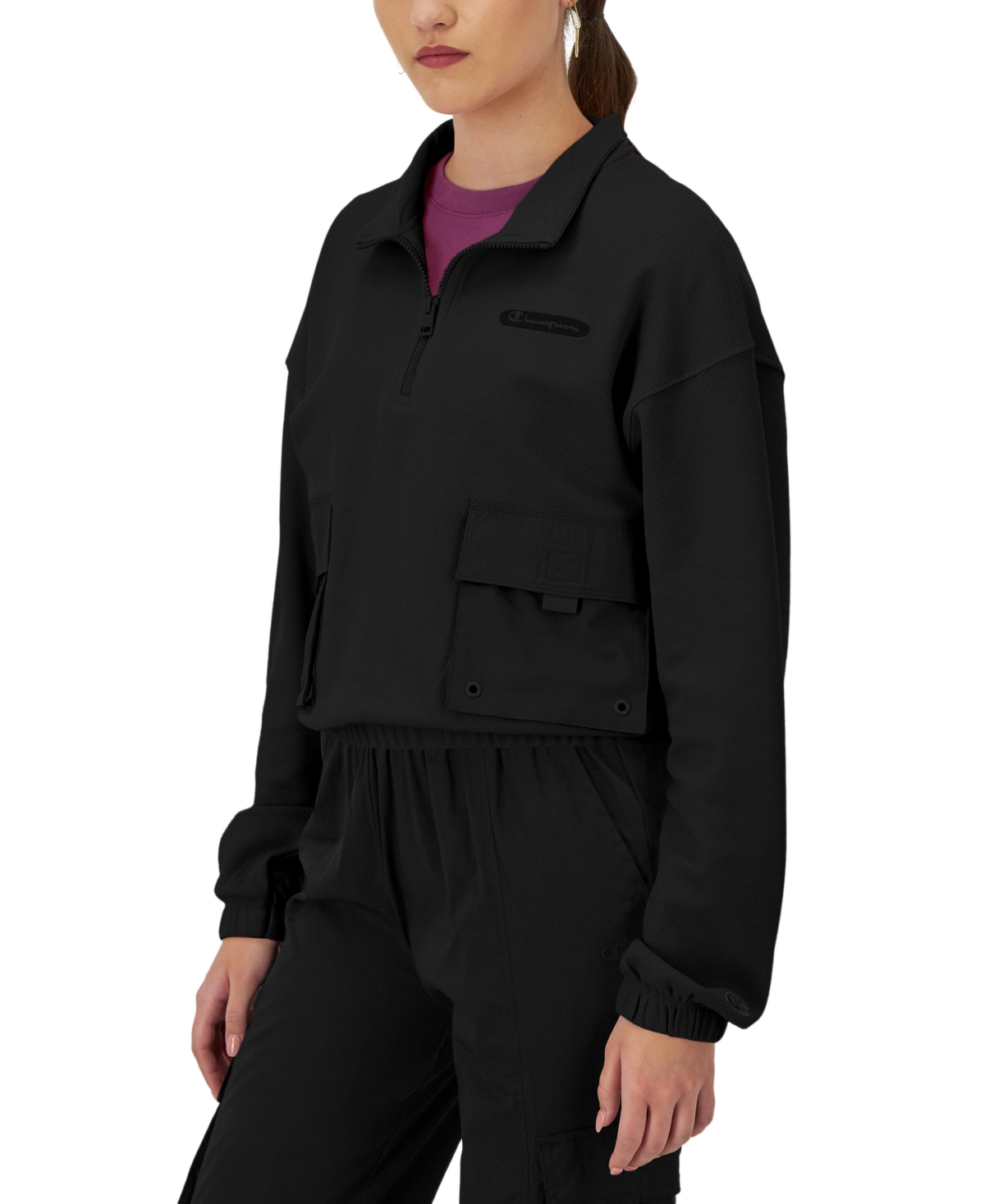 Shop Champion Women's Campus-pique Quarter-zip Stand-collar Top In Black