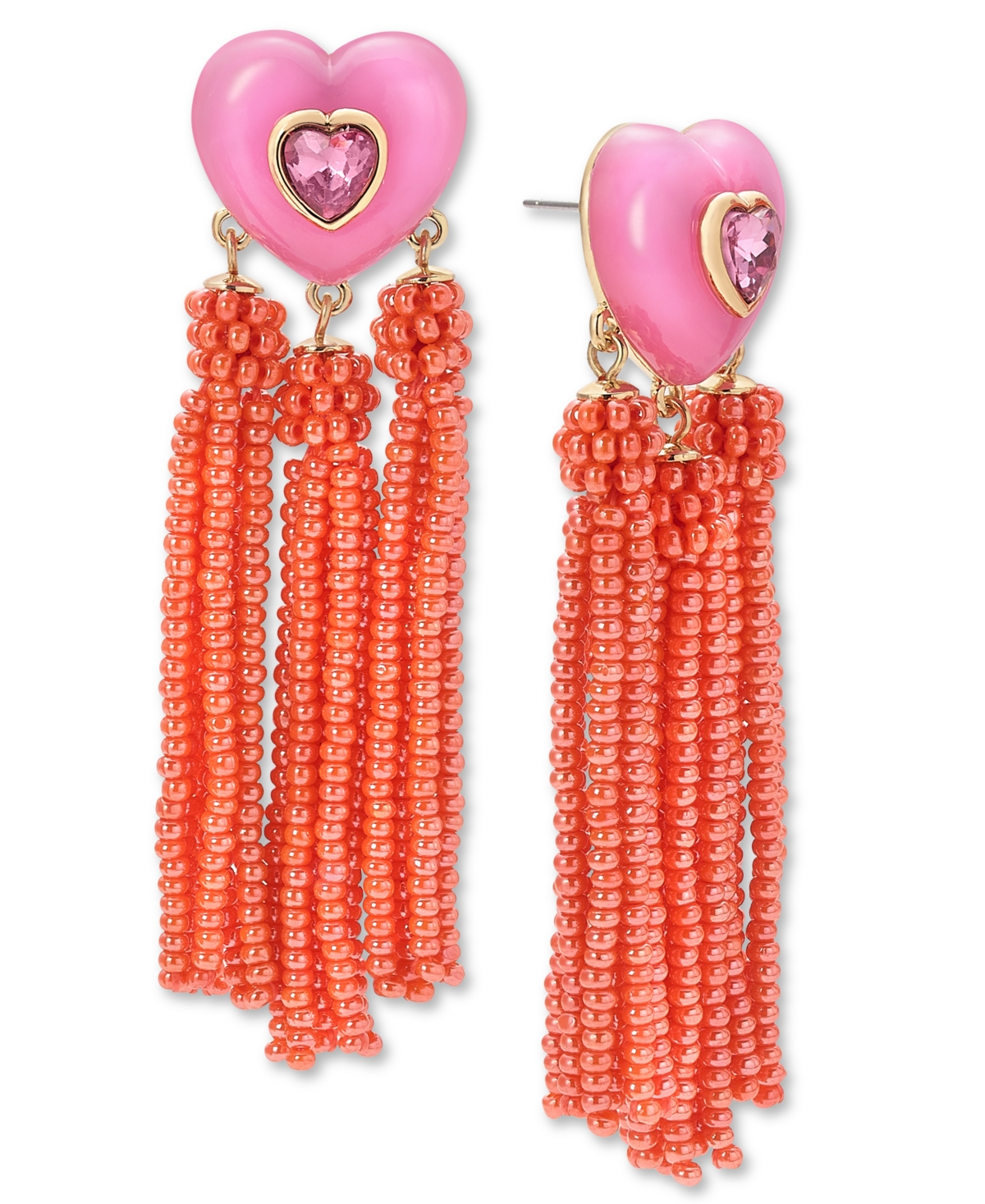 Gold-Tone Crystal Heart & Beaded Fringe Drop Earrings, Created for Macy's - Purple