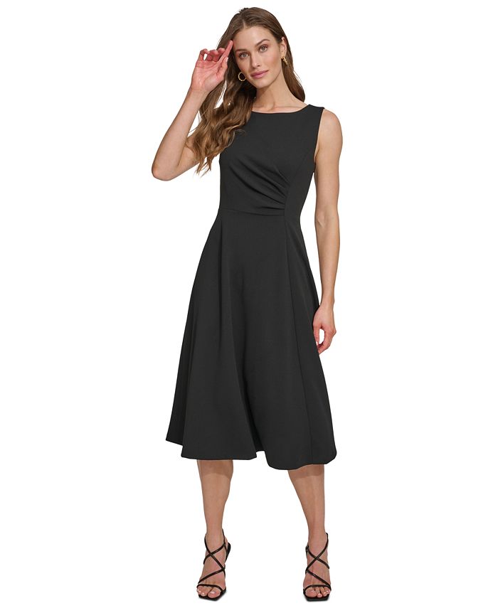 Women's Sleeveless Midi Dress - Boat Neck with Side Bow Detail