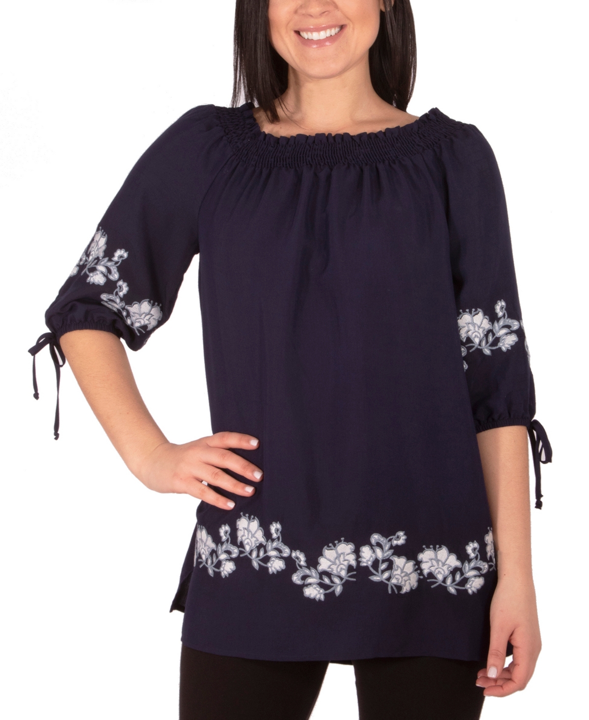 Women's Embroidered Elbow Sleeve Peasant Blouse - Navy