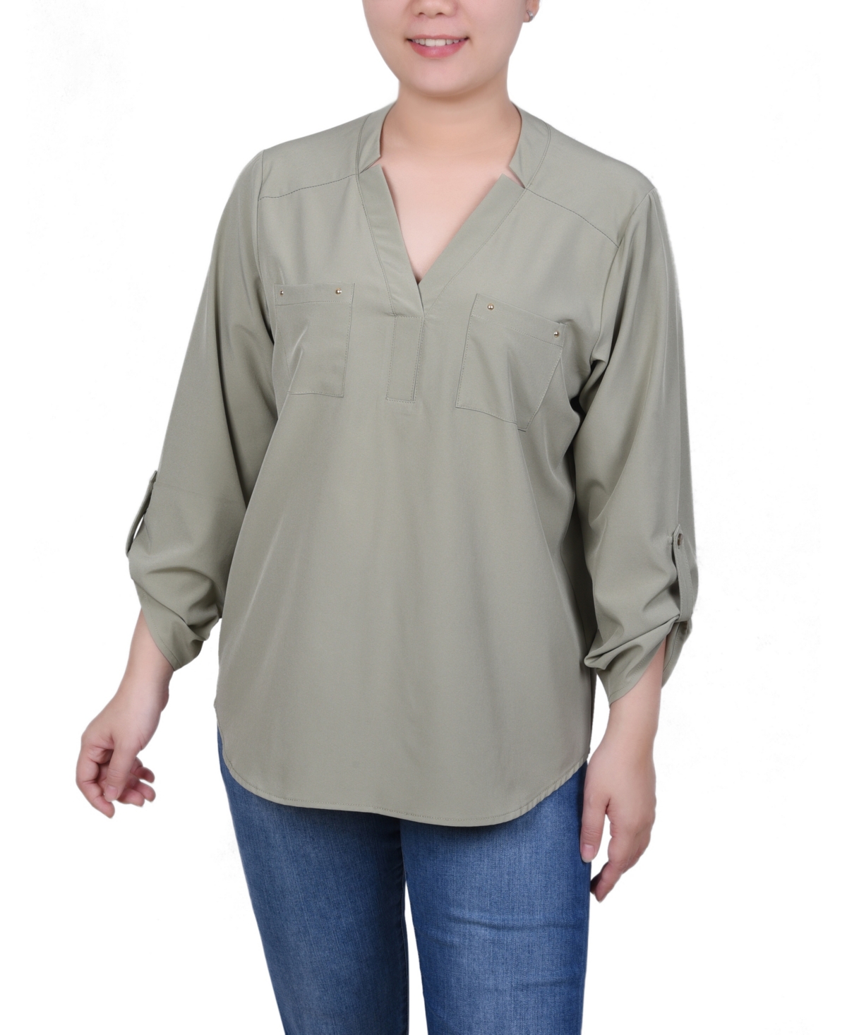 Women's Roll Tab Sleeve Blouse with Pockets - Tea