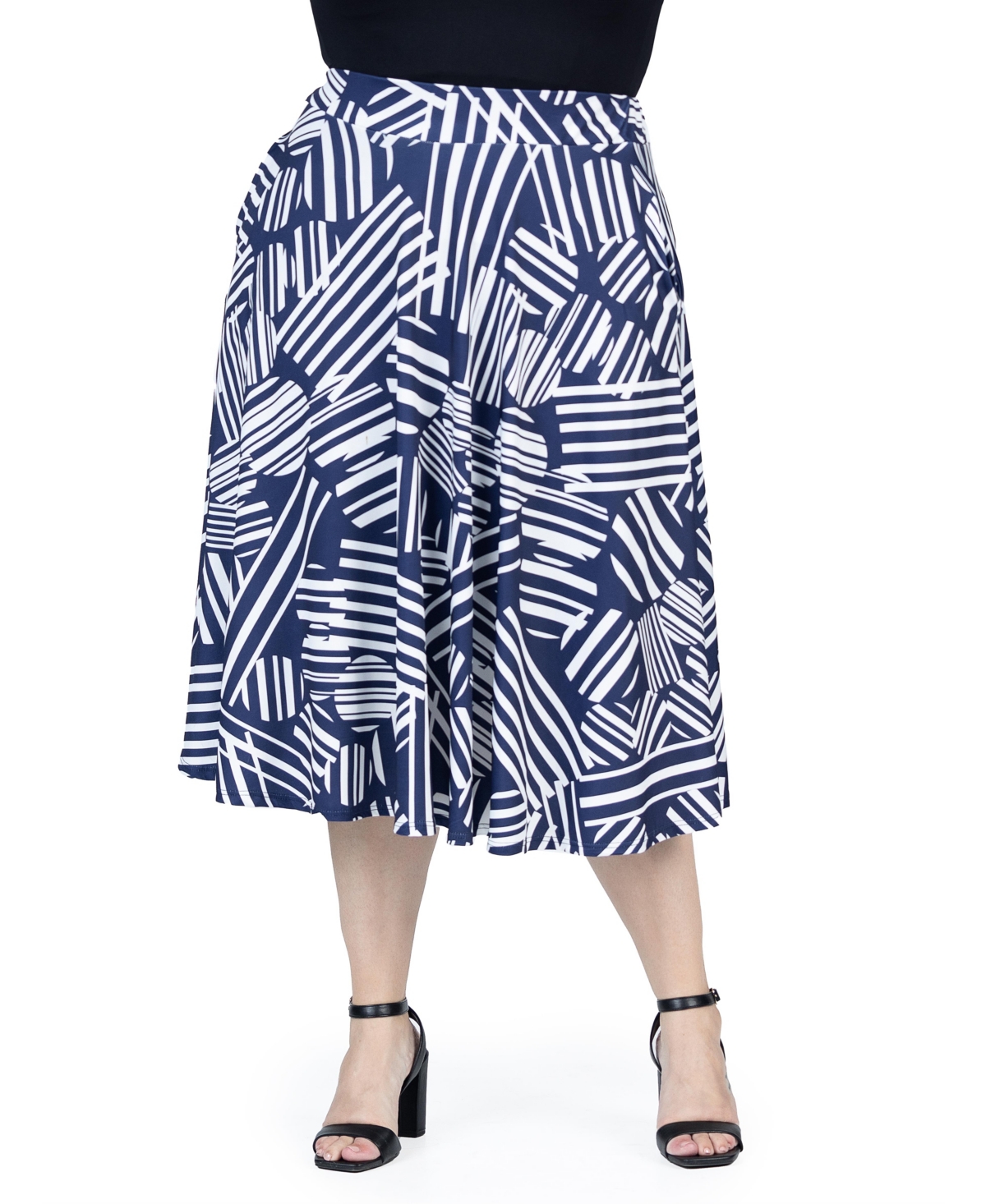 Plus Size Pleated Print Midi Skirt with Pockets - Navy Multi