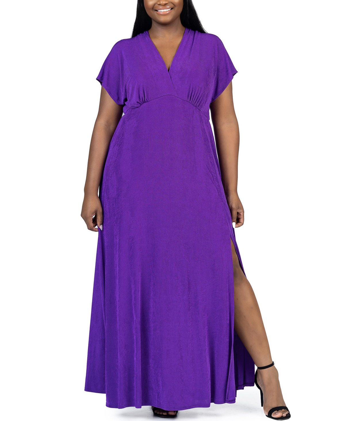 Shop 24seven Comfort Apparel Plus Size Front Slit Empire Waist Maxi Dress In Purple