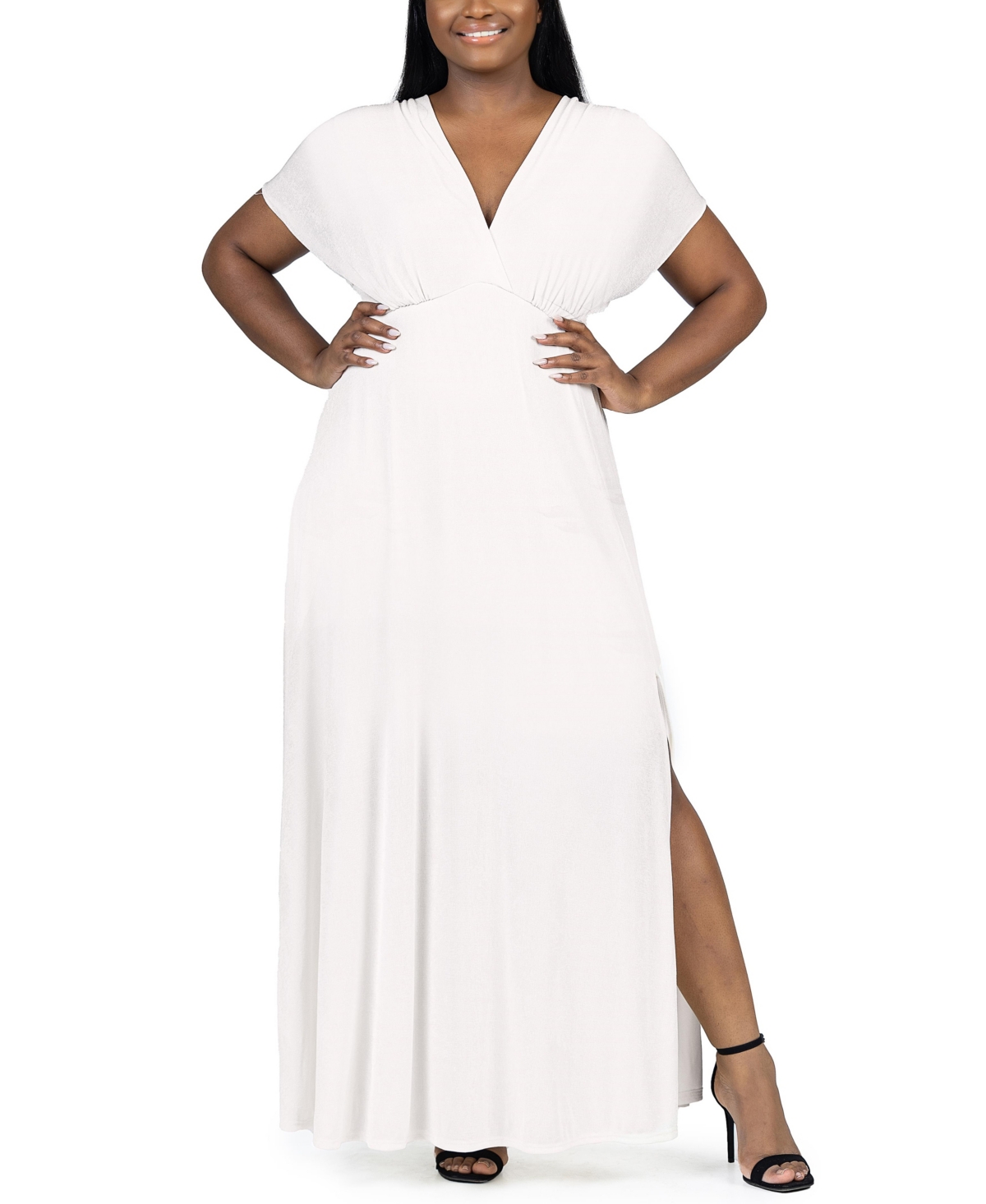 24seven Comfort Apparel Plus Size Front Slit Empire Waist Maxi Dress In Ivory