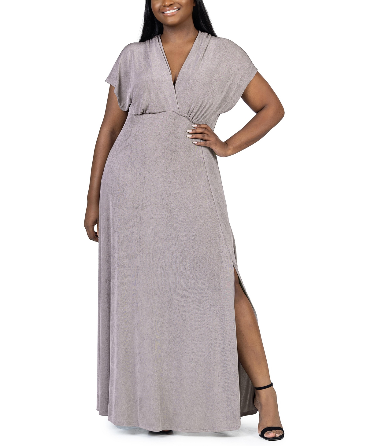 Shop 24seven Comfort Apparel Plus Size Front Slit Empire Waist Maxi Dress In Gray