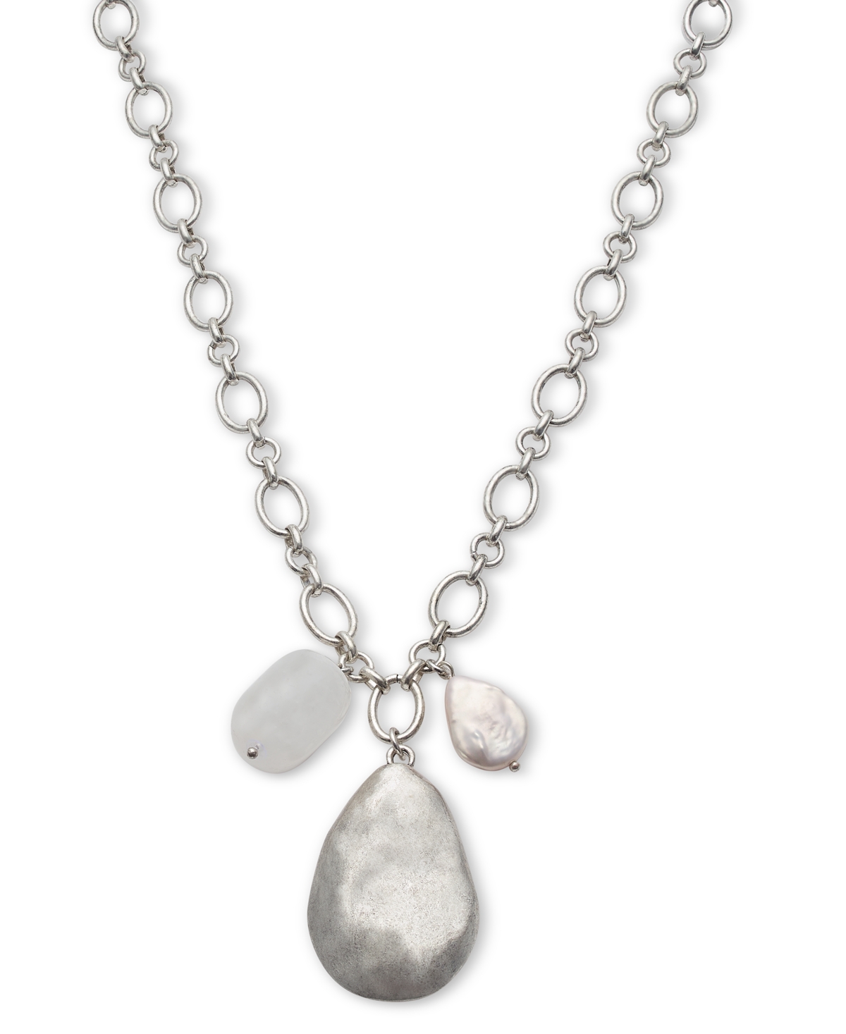 Hammered Teardrop & Freshwater Pearl Pendant Necklace, 38" + 3" extender, Created for Macy's - Silver