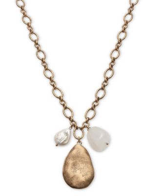 Style & Co - Hammered Teardrop & Freshwater Pearl Pendant Necklace, 38" + 3" extender