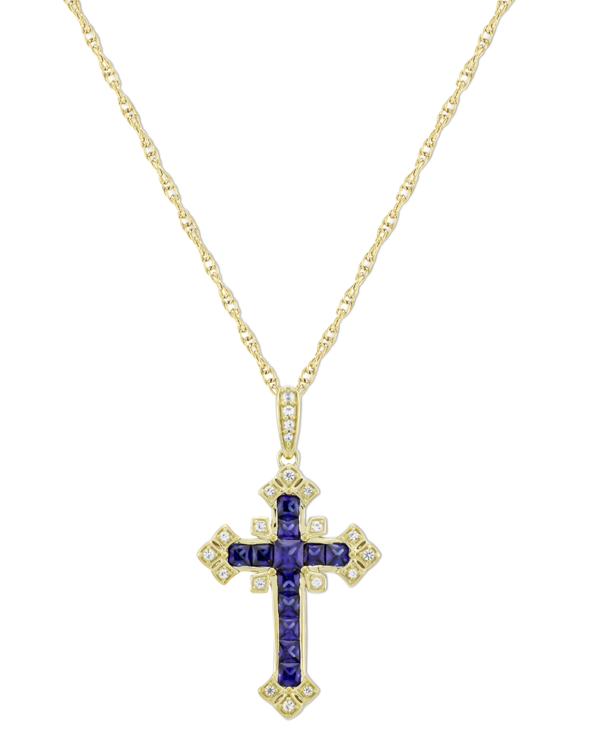 Lab-Grown Blue Sapphire (3/4 ct. t.w.) & Lab-Grown White Sapphire (1/10 ct. t.w.) Ornate Cross 18" Pendant Necklace in 14k Gold-Plated Sterling Silver