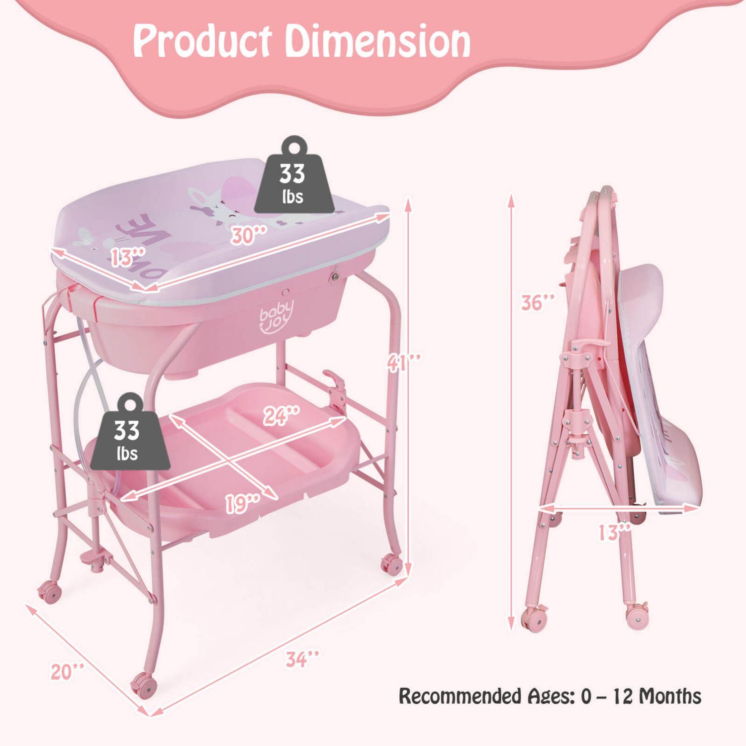 Baby Changing Table with Bathtub, Folding Diaper Station with Wheels