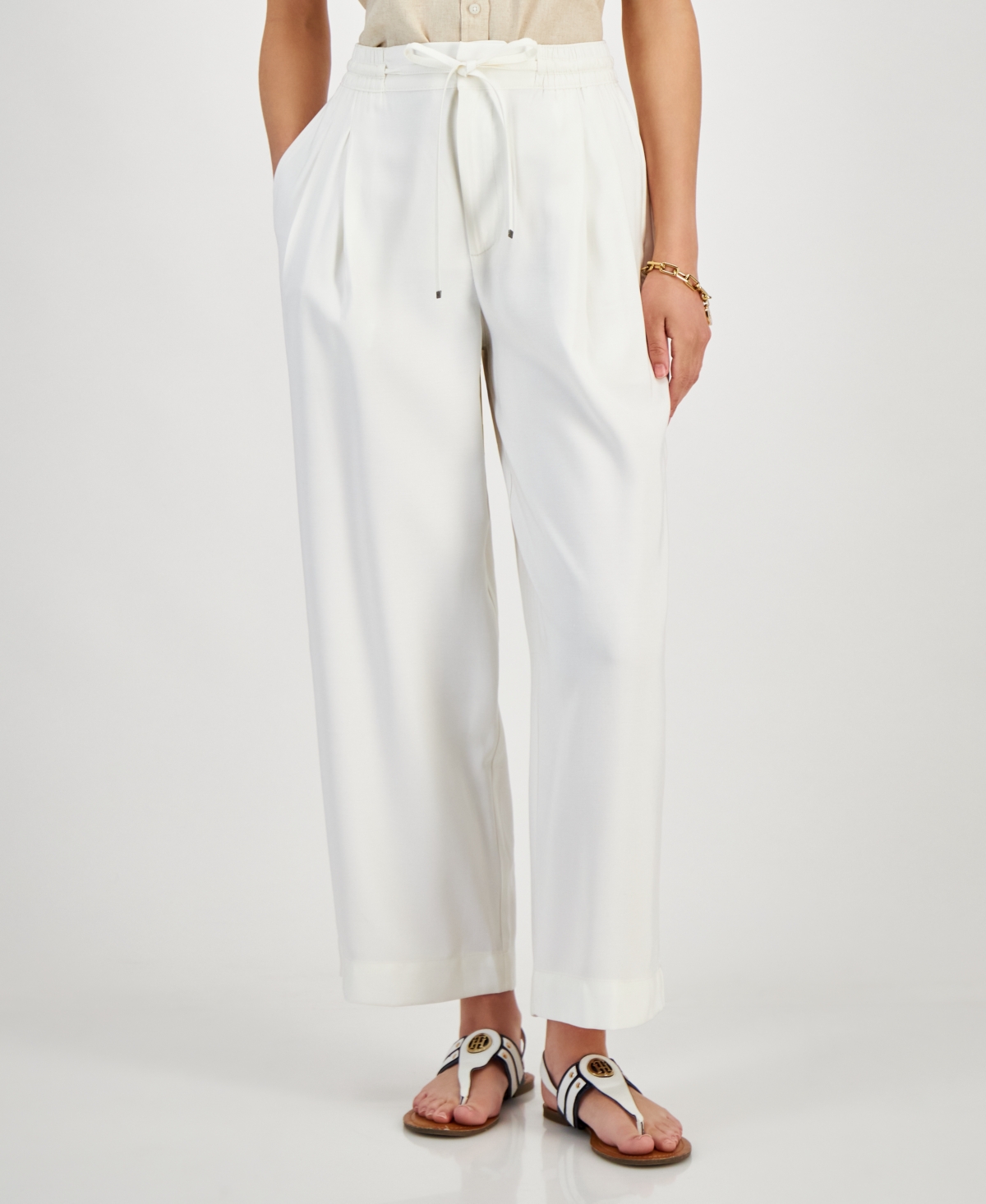 Shop Tommy Hilfiger Women's Belted Pleated-front Ankle Pants In Ivory