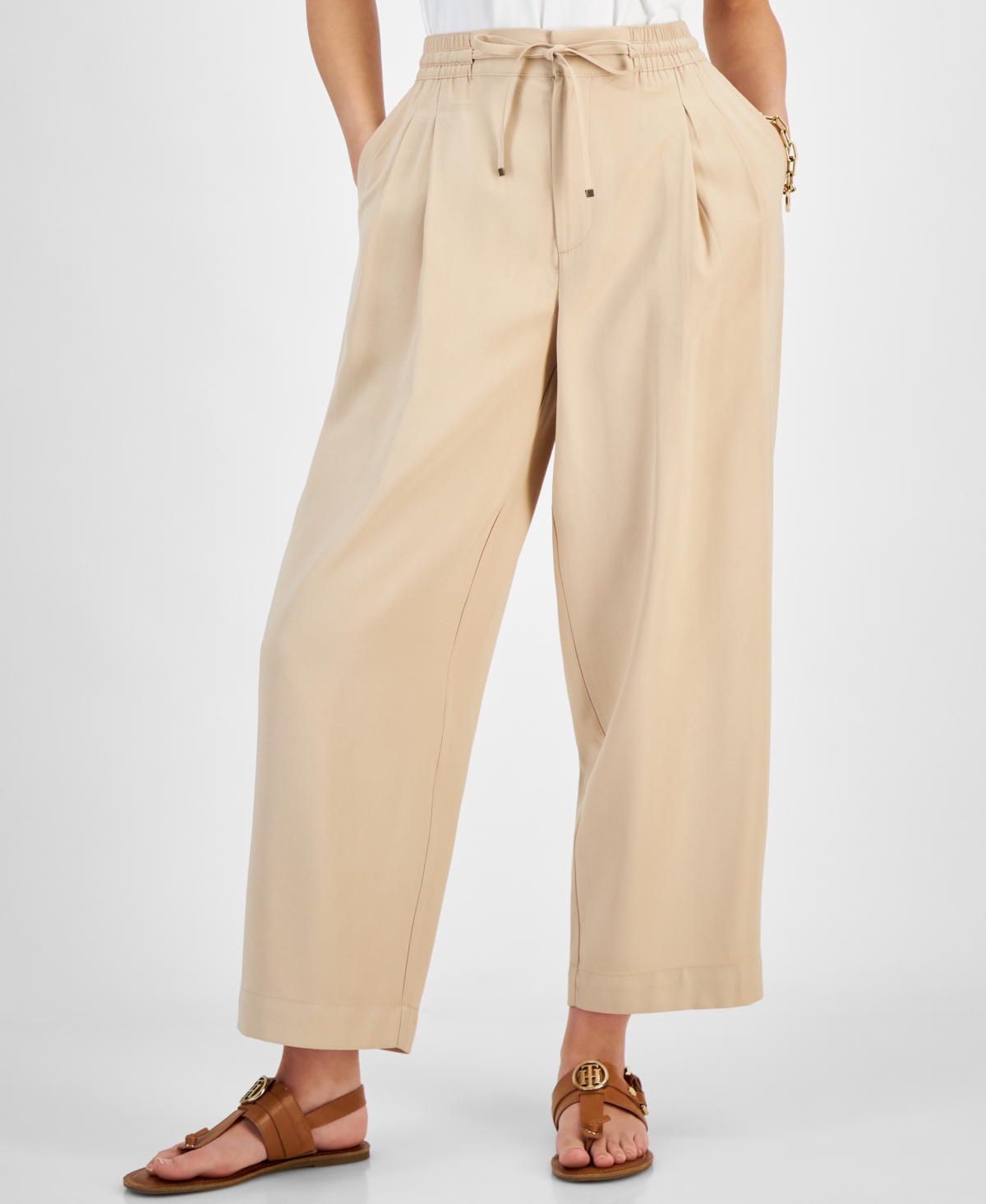 Shop Tommy Hilfiger Women's Belted Pleated-front Ankle Pants In Sand