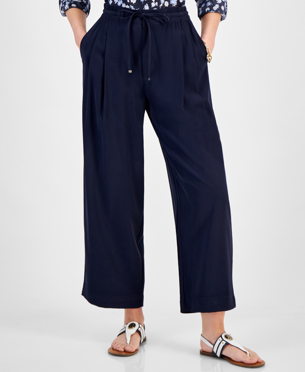 Shop Tommy Hilfiger Women's Belted Pleated-front Ankle Pants In Sky Capt