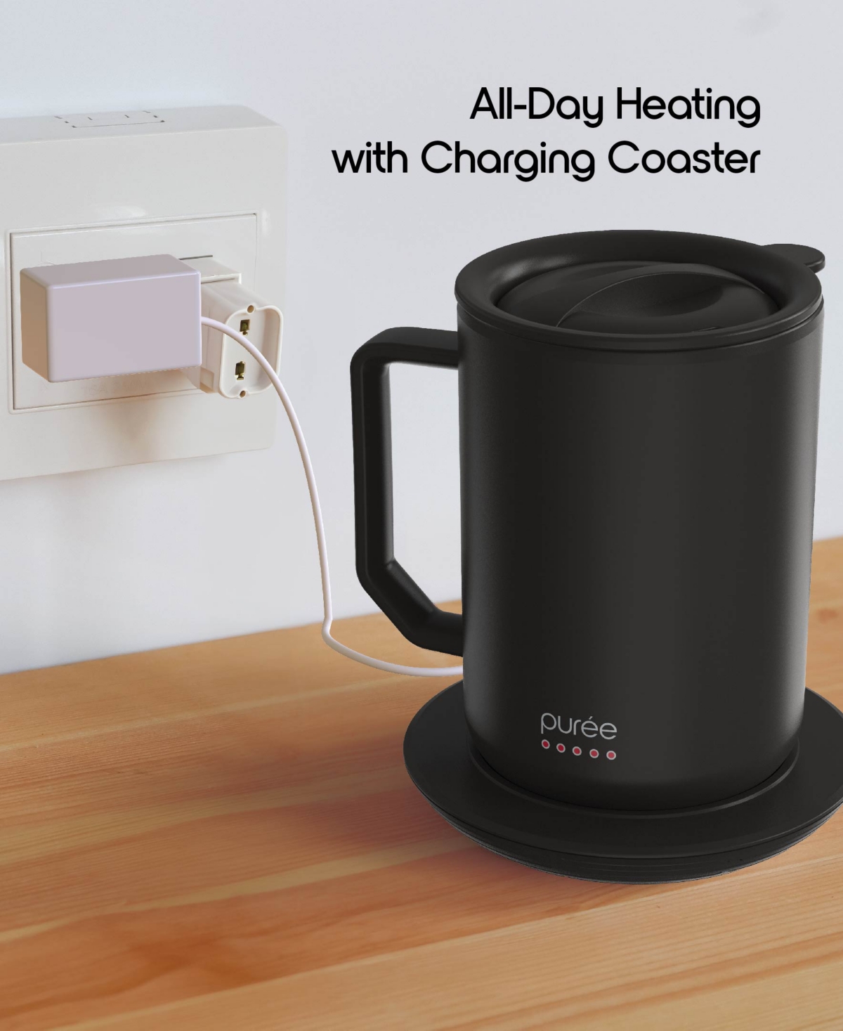 Tzumi Puree Warming Coffee Mug, oz. Stainless Steel Coffee Mug with Mug Warmer Coaster and Lid