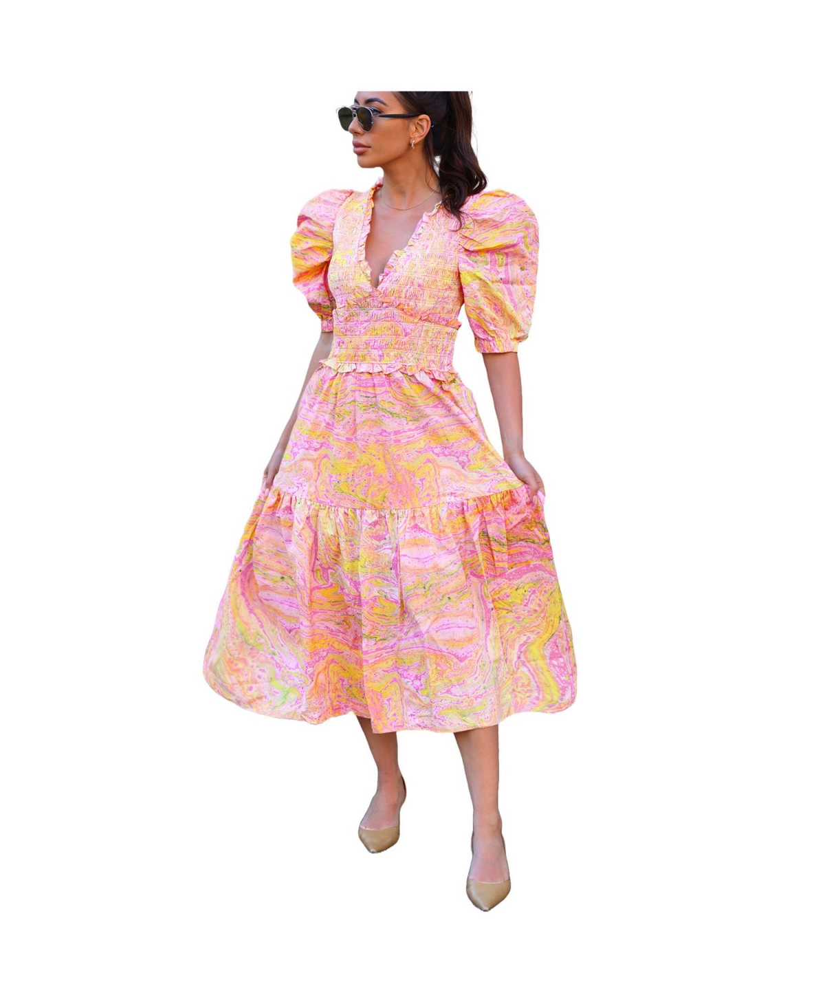 Astrid Marble Smocked Midi Dress - Pink and yellow