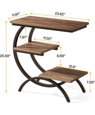 C-shaped End Table, Industrial 3-tier Small Side Table for Couch, Wood Bedside Table Snack Side Table Small Space, Rustic Brown