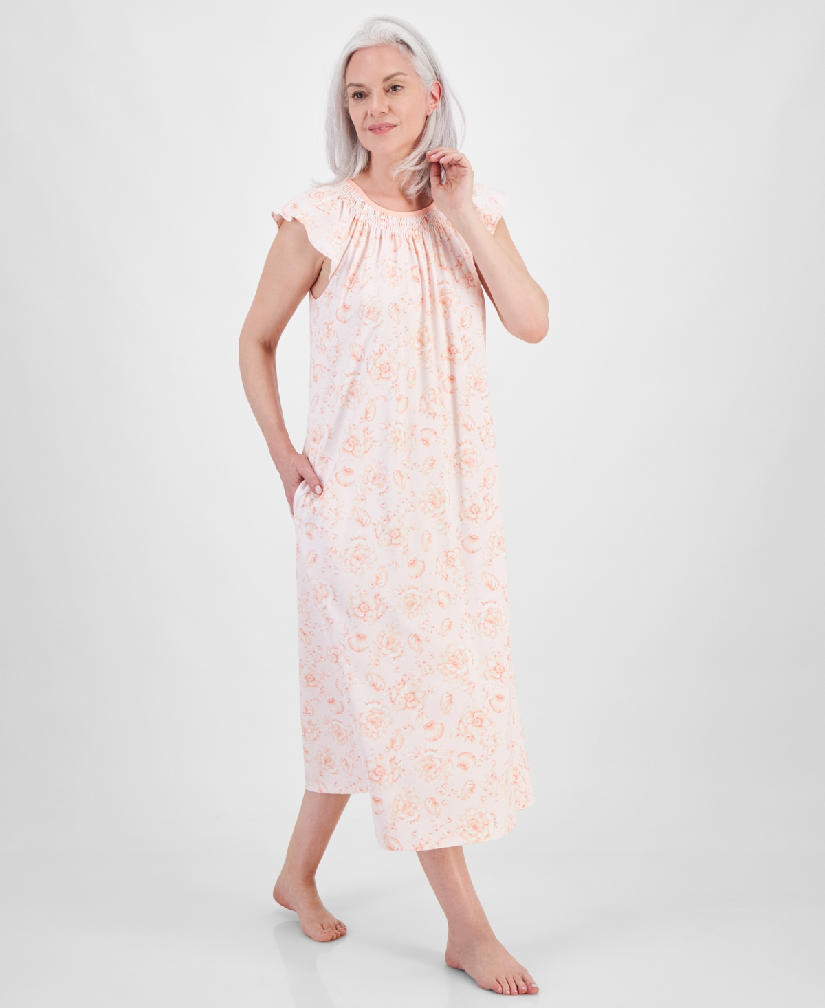 Women's Smocked-Neck Floral Nightgown, Created for Macy's - Floral Shell Pink