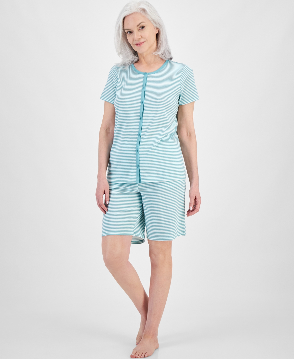 Shop Charter Club Women's 2-pc. Cotton Bermuda Short Pajamas Set, Created For Macy's In Feeder Stripe