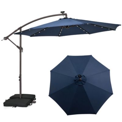 Patio 10FT Hanging Offset Umbrella 32 LED Lights Sand Bag Outdoor Cross Base