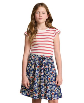폴로 랄프로렌 Polo Ralph Lauren Big Girls Striped Floral Cotton-Blend Dress,Nuntucket Red Deckwash, White Stripe, Deckwash Whi
