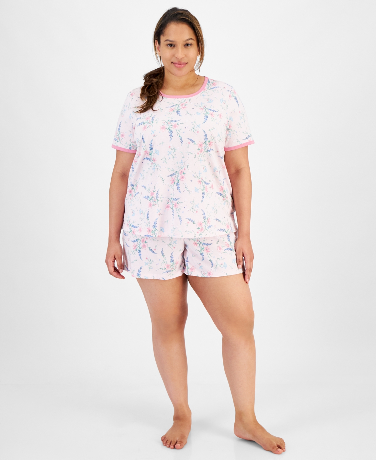 Plus Size Floral Short-Sleeve Pajamas Set, Created for Macy's - Delicate Garden
