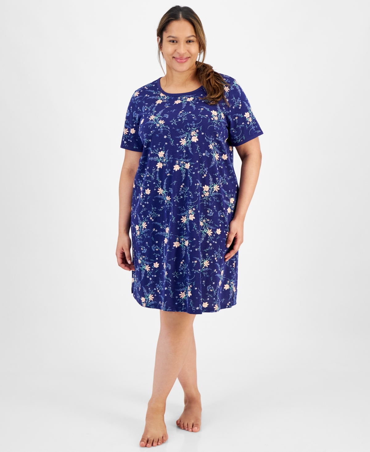 Shop Charter Club Plus Size Floral Short-sleeve Sleep Shirt, Created For Macy's In Delicate Garden Blue