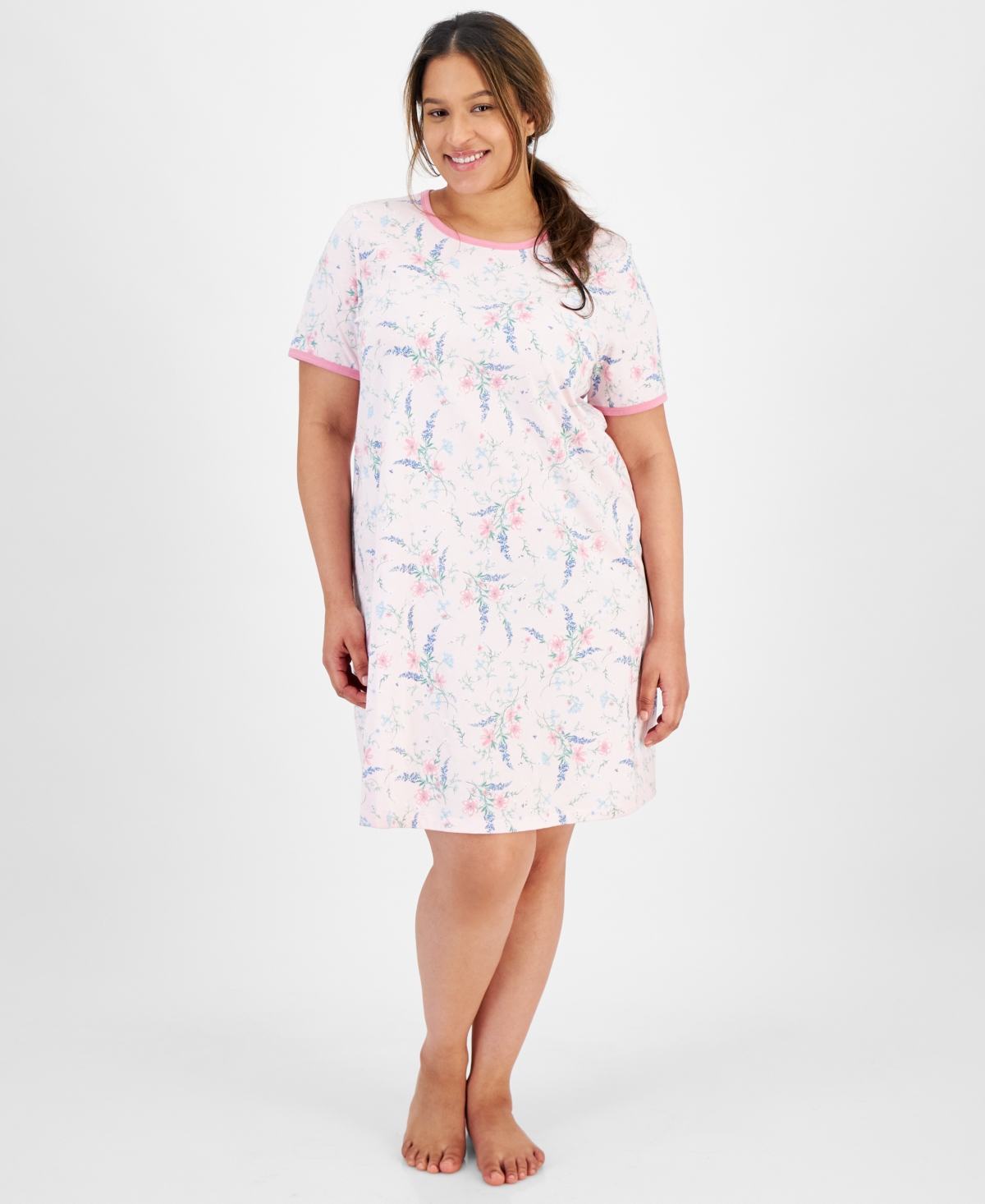 Shop Charter Club Plus Size Floral Short-sleeve Sleep Shirt, Created For Macy's In Delicate Garden Pink