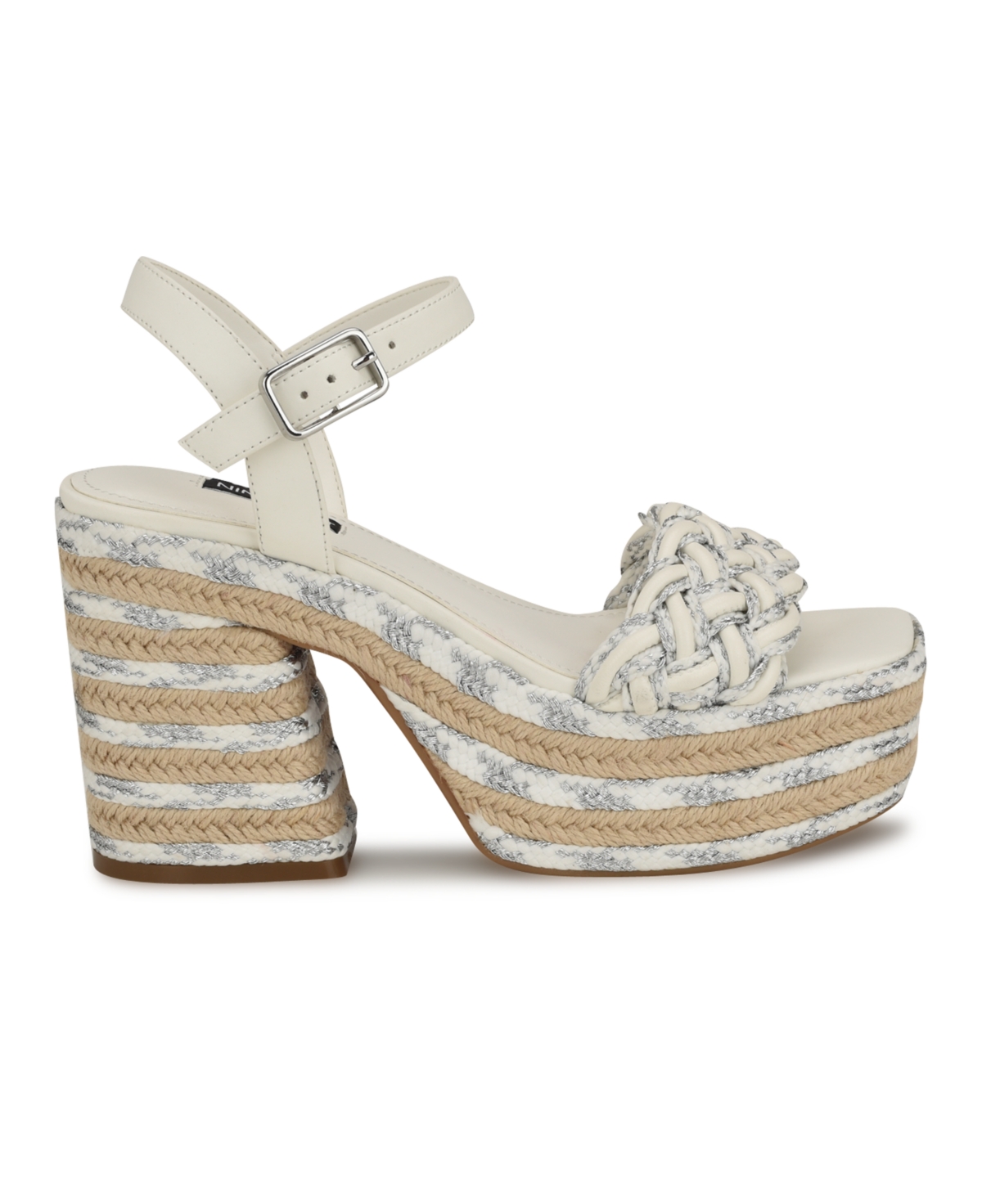 Nine West Women's Cinka Block Heel Square Toe Dress Sandals - Silver- Faux Leather- Polyurethan