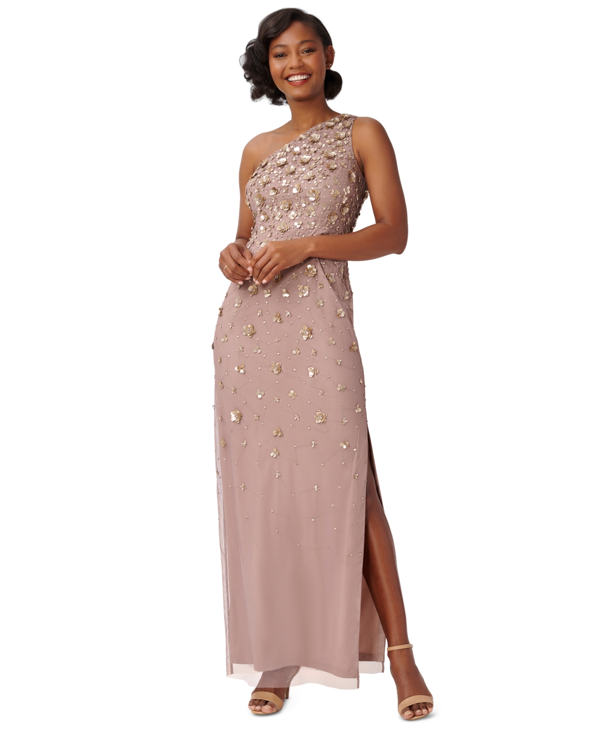 Adrianna Papell Women s Floral Beaded One Shoulder Gown Dusty Navy Smart Closet
