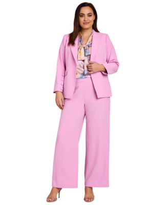 Plus Size One-Button Blazer, Printed Bow Blouse & Wide-Leg Pants