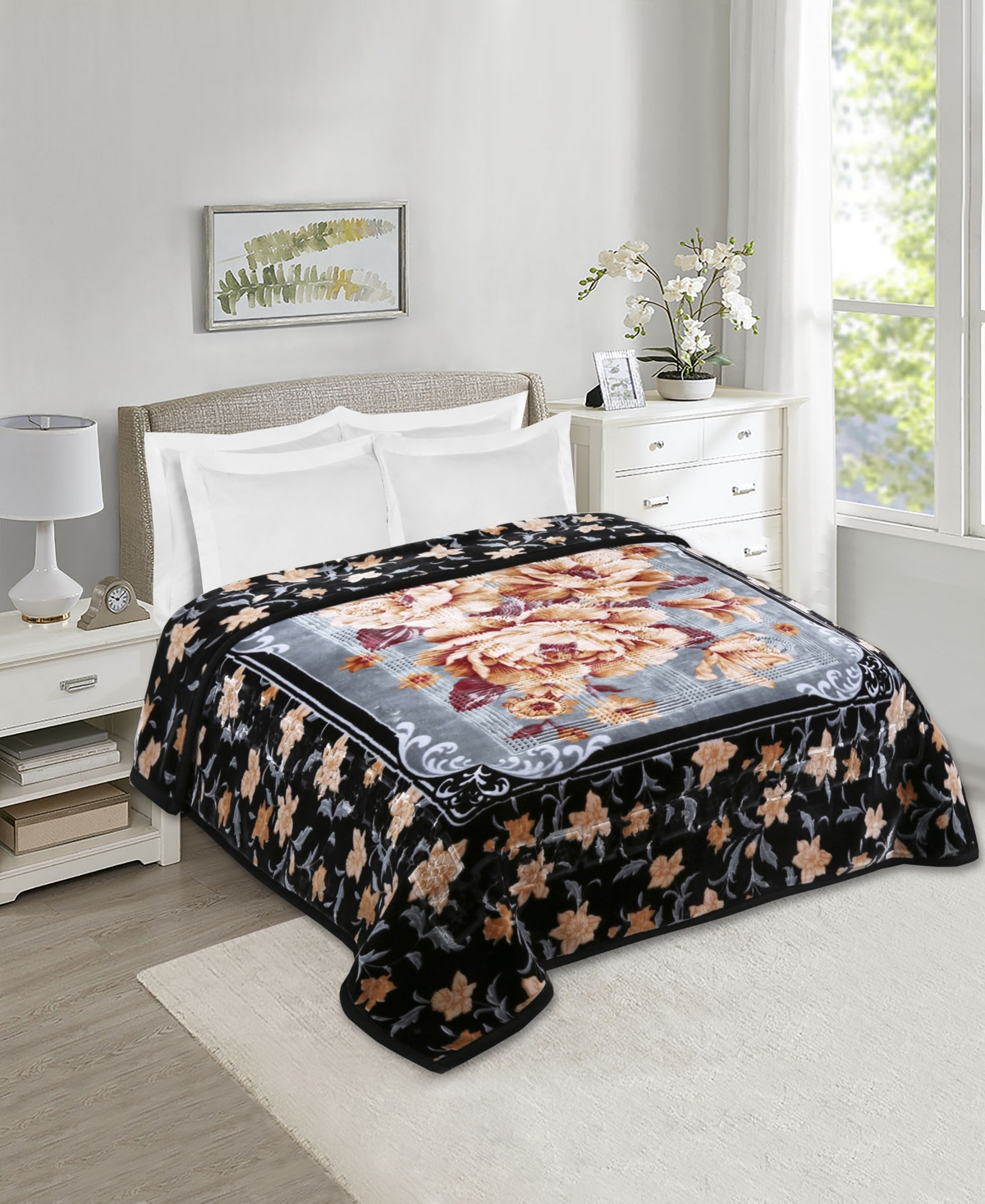 Nestl Printed Faux Mink Weighted Blanket, 9 Lbs, Queen In Black,gray,orange Floral