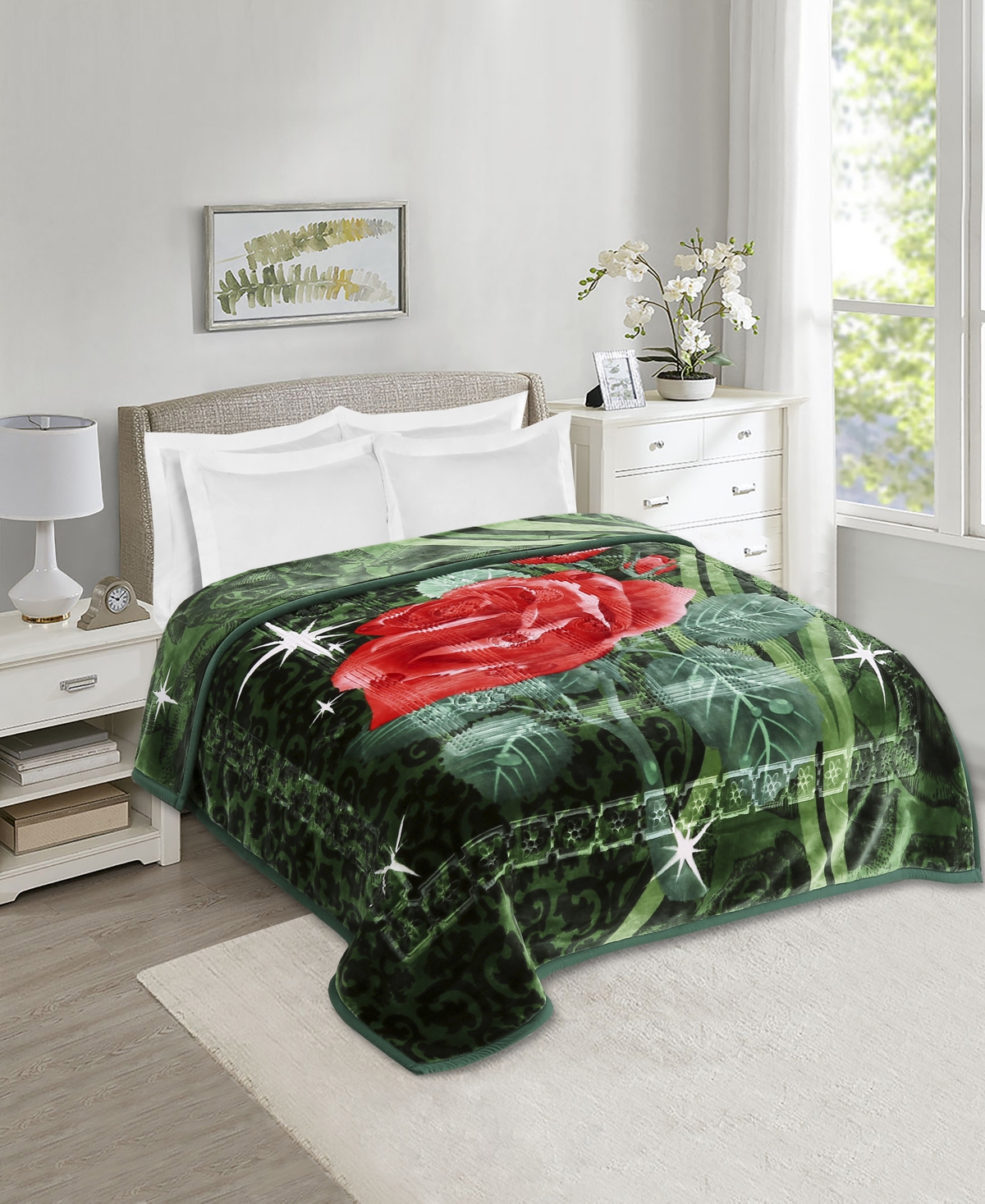 Shop Nestl Printed Faux Mink Weighted Bed Blanket, 12 Lbs, King In Green,red Rose