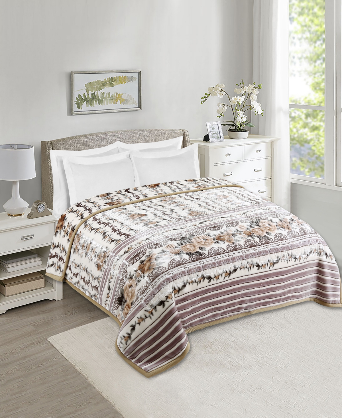 Nestl Printed Faux Mink Weighted Bed Blanket, 12 Lbs, King In Floral Beige