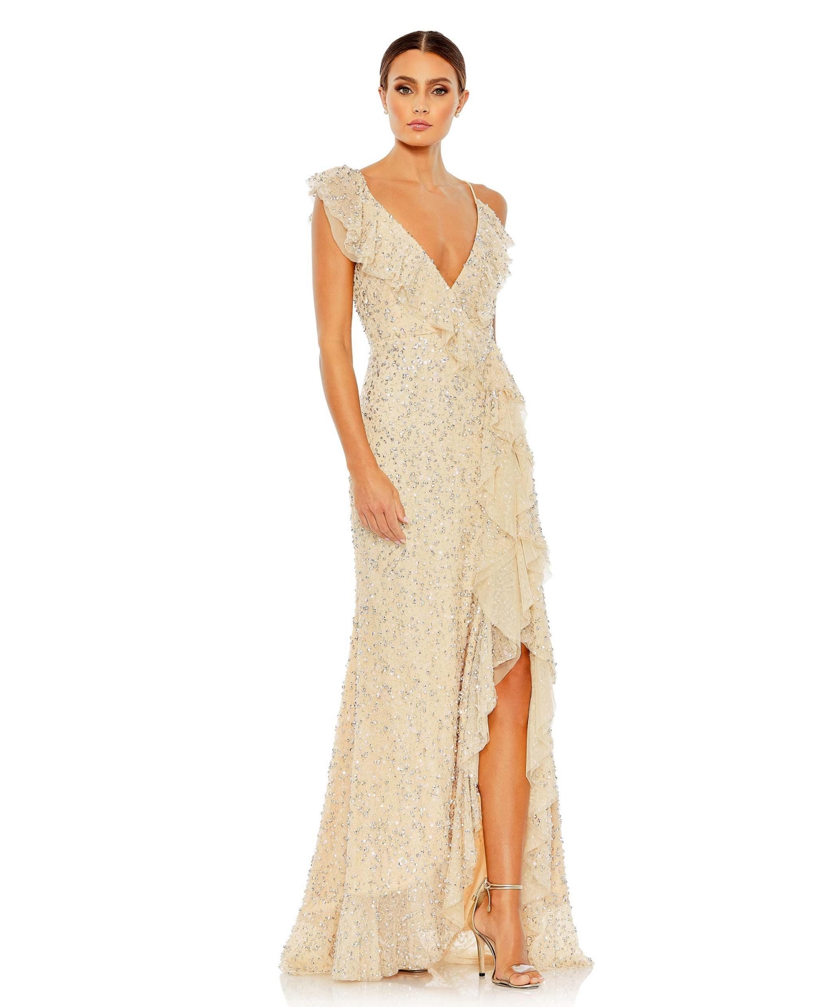Mac Duggal Embellished Ruffled Faux Wrap Sleeveless Gown In Nude