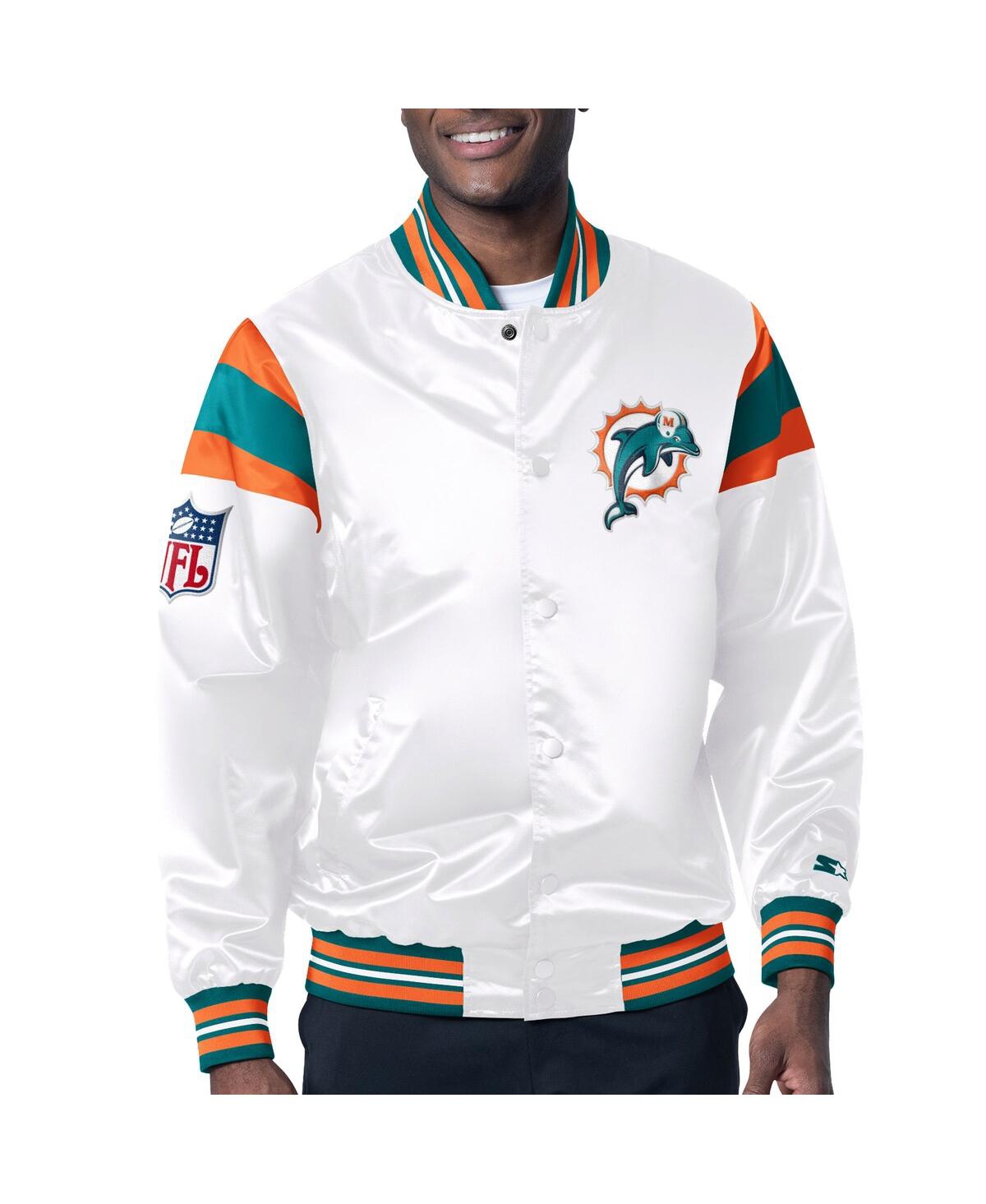 Shop Starter Men's  White, Aqua Distressed Miami Dolphins Vintage-like Satin Full-snap Varsity Jacket In White,aqua