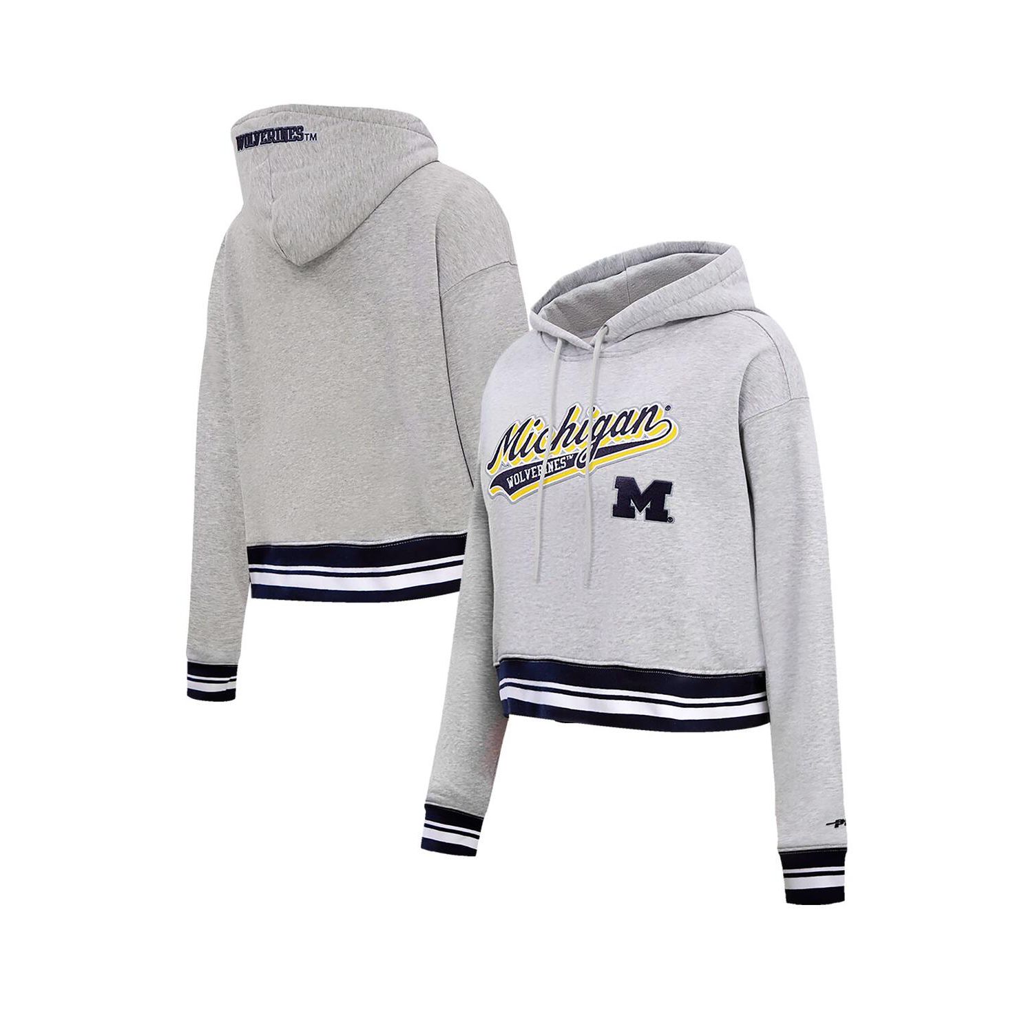 Women's Heather Gray Michigan Wolverines Script Tail Fleece Cropped Pullover Hoodie