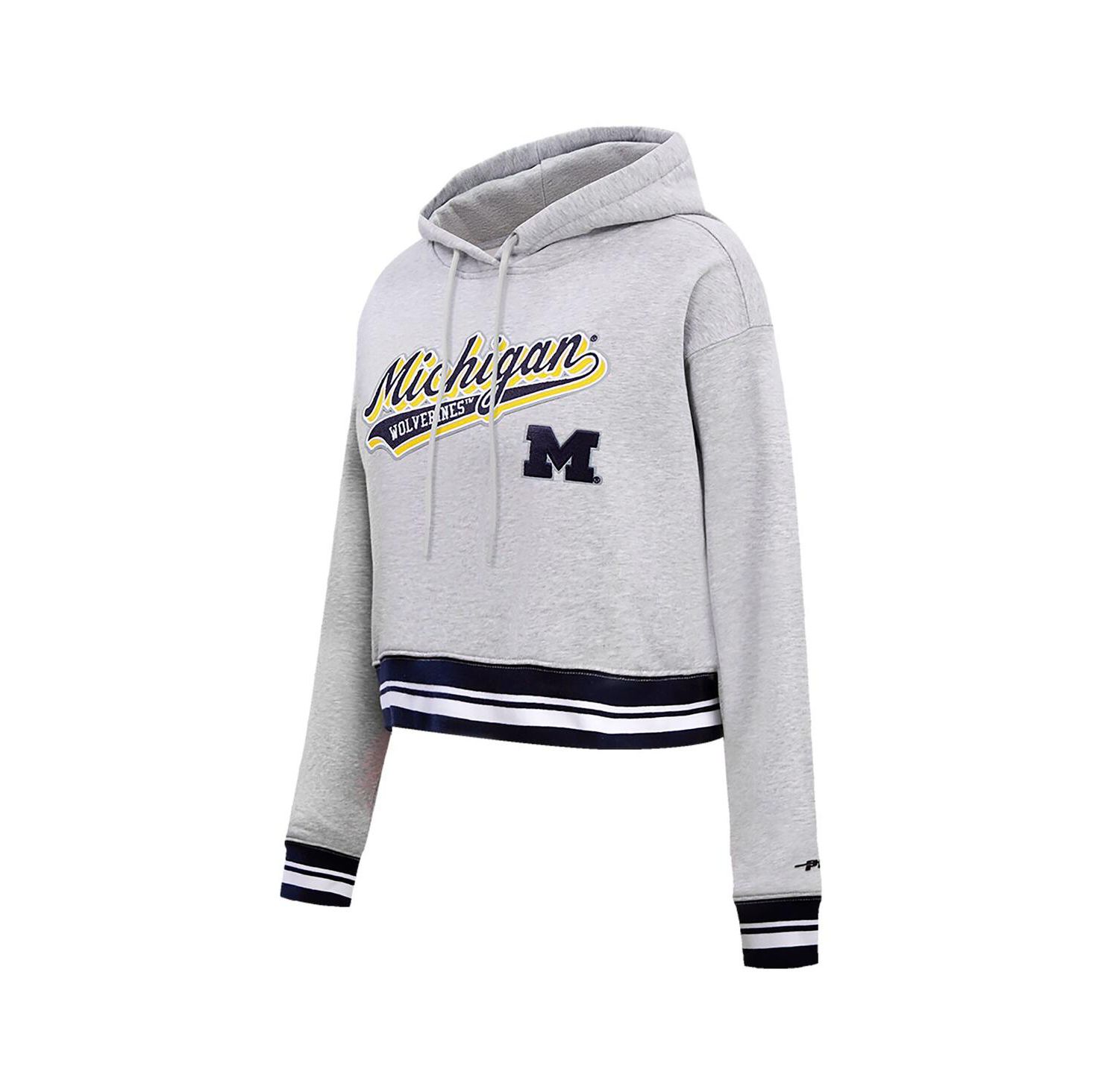 Women's Heather Gray Michigan Wolverines Script Tail Fleece Cropped Pullover Hoodie