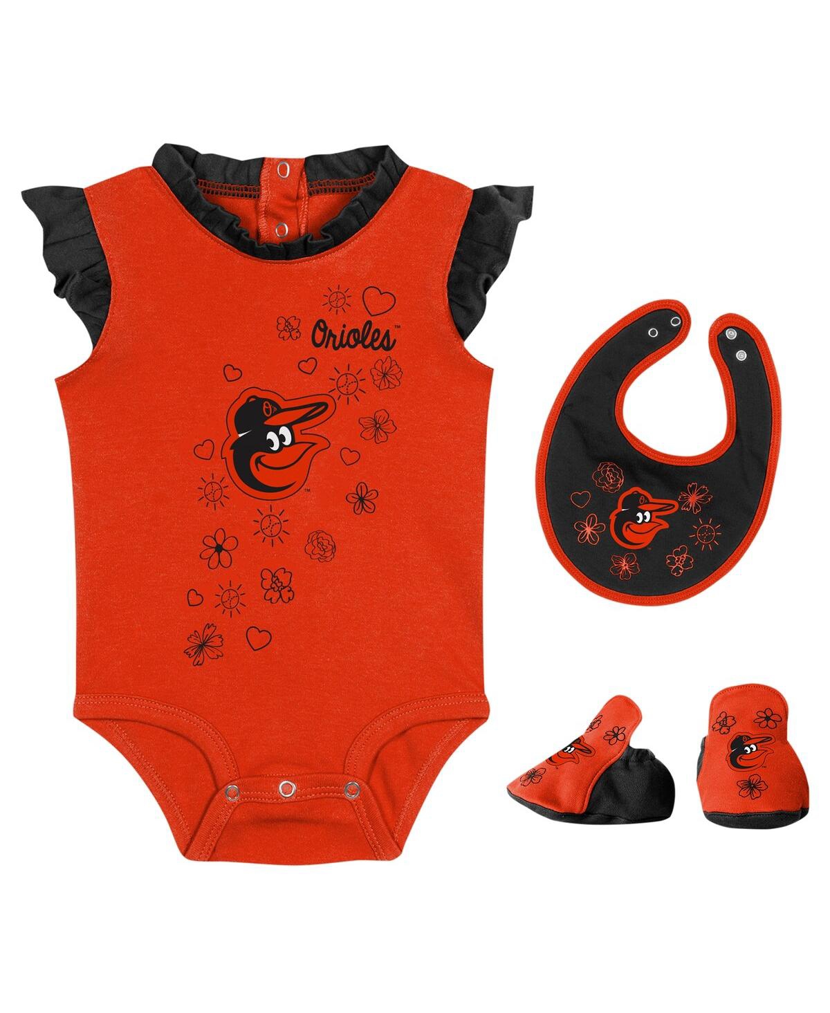 Outerstuff Baby Girls Fanatics Orange Baltimore Orioles Happy Baseball Bodysuit, Bib And Bootie Set